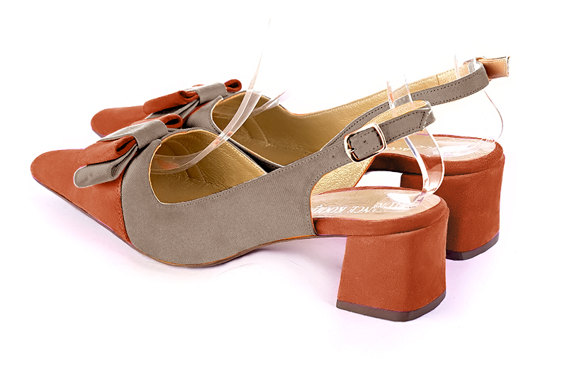 Terracotta orange and taupe brown women's open back shoes, with a knot. Tapered toe. Medium block heels. Rear view - Florence KOOIJMAN